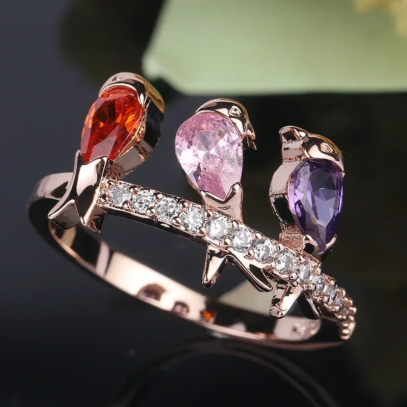 

New Arrival Bird Animal Design Rose Gold Color Ring For Female Wedding With AAA Multicolor Cubic Zircon Wedding Rings Anillos