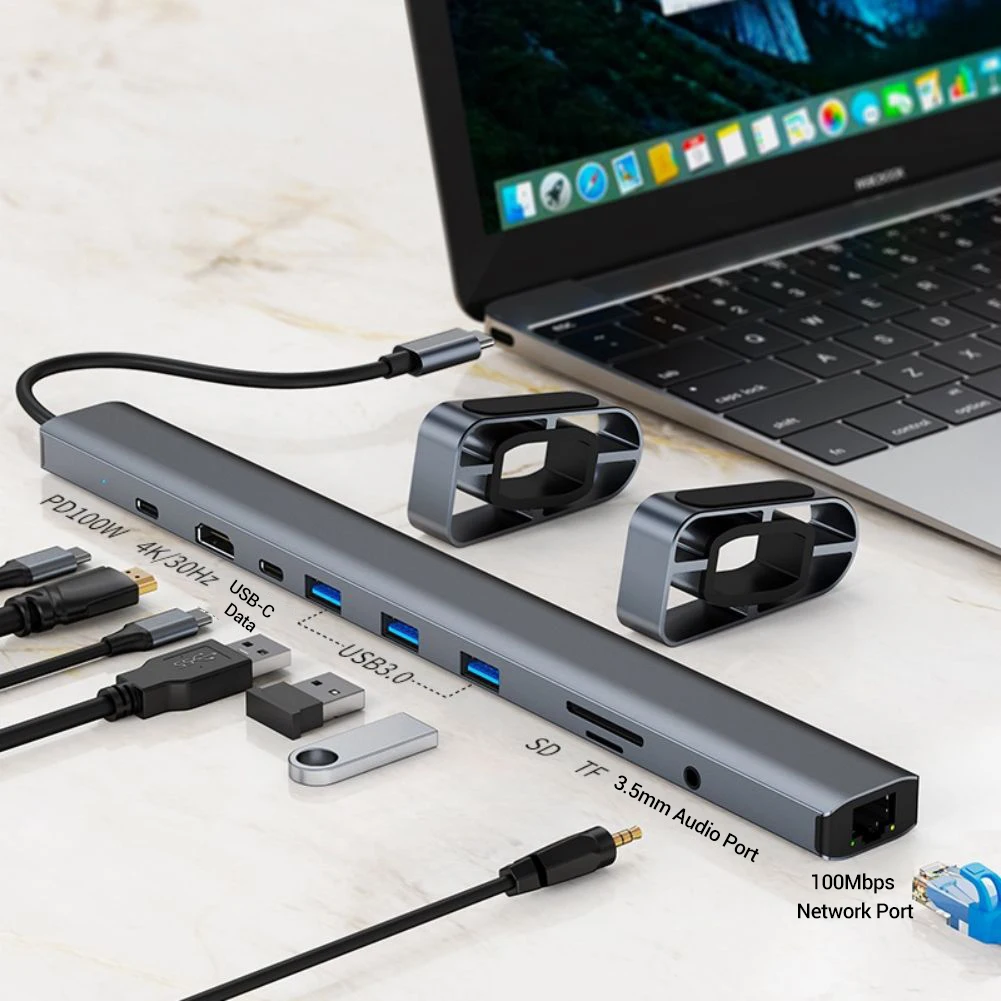 

10 In 1 USB C HUB With USB3.0 PD Port 4K Video Output VGA 100 Mbit/s Network Port Audio Output SD/Micro SD Card Reader