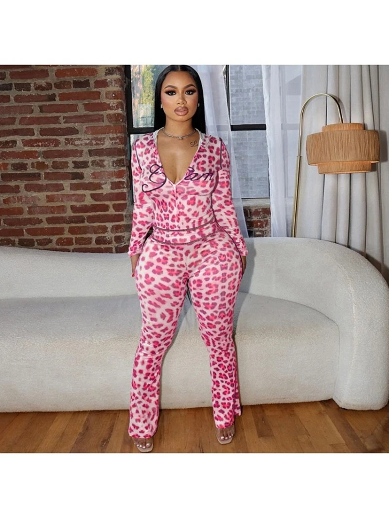 스타일리시 레이디 레오파드 레터 프린트 투피스 세트 여성용 긴팔 후드티와 바지 세트 2025 가을 스포츠 트랙수트