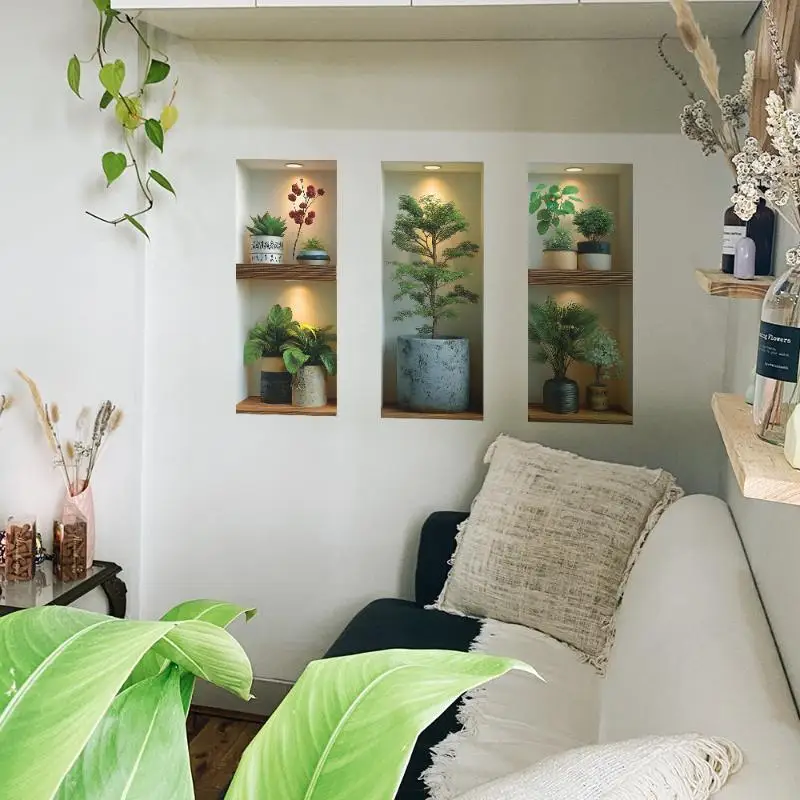 3Pcs Potted Plant Wall Stickers Eco-Friendly Non-Toxic Peel & Stick Decals for Stairway Entrance Corridor Decor