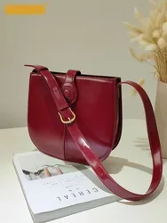 Designer Vintage Saddle Bag Women Single Shoulder Handbag Cow Split Leather Red Bucket Bag Female Street Casual Messenger Bag