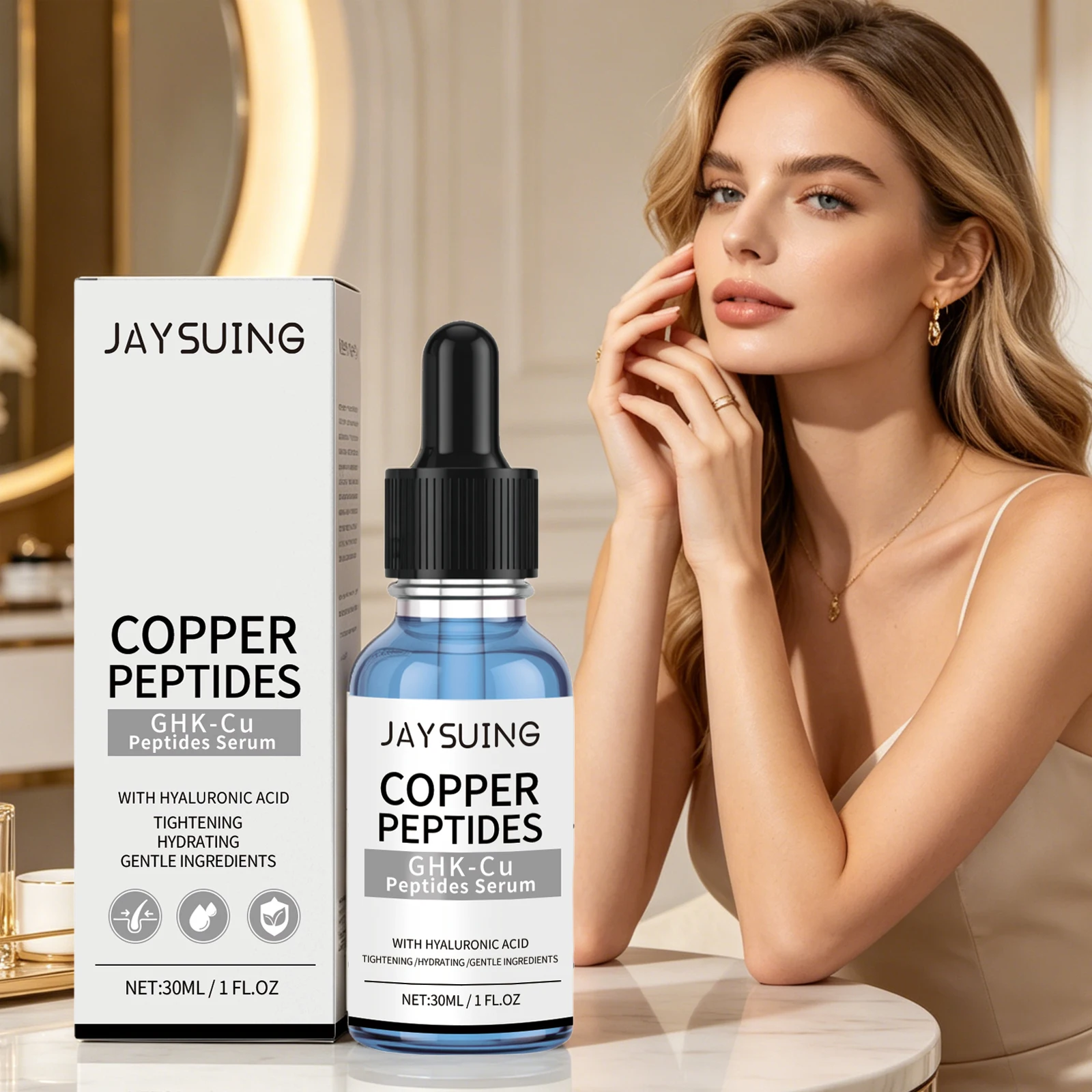 Suero Facial con Péptidos de Cobre, Repara y Reafirma la Piel, Reduce la Flacidez, Ilumina la Piel Opaca, Hidrata Profundamente, Esencia Facial con Ácido Hialurónico