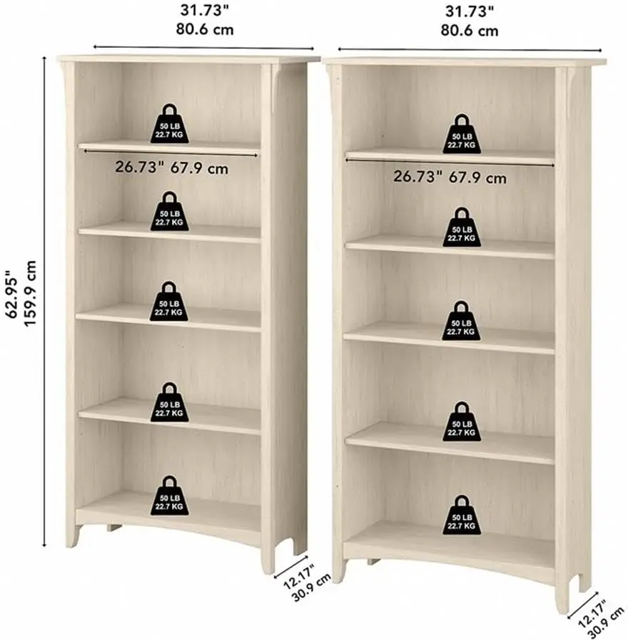 

Bush Furniture Salinas 5 Shelf Bookcase - Set Of 2 | Large Open Bookcase With 5 Shelves In Antique White | Sturdy Display