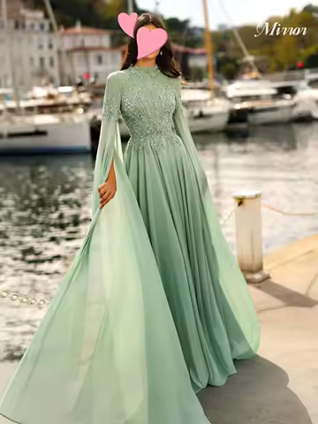 Mirror Dress Elegant Vintage Sweet Green Beads Lace Chiffon A-Line Customize Formal Occasion Prom Dress Evening Party Gowns