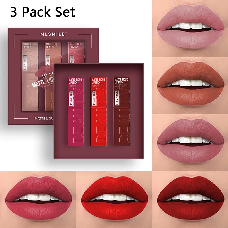 3‑In‑Set Matte Velvet Lipstick, Smooth Apply Texture, Anti‑Transfer, Multiple Shades For Daily And Night‑Out Beauty