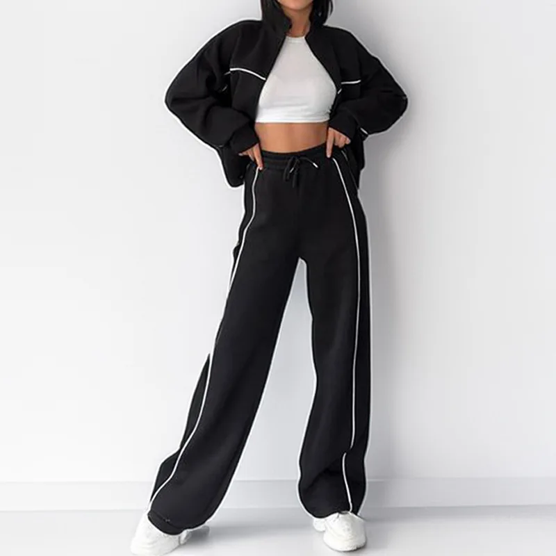 Sports Trousers Loose White Casual Women's Set Fashion Zipper High-waisted Hoodie + Wide-leg Overalls 2-piece Sweatshirt Suit