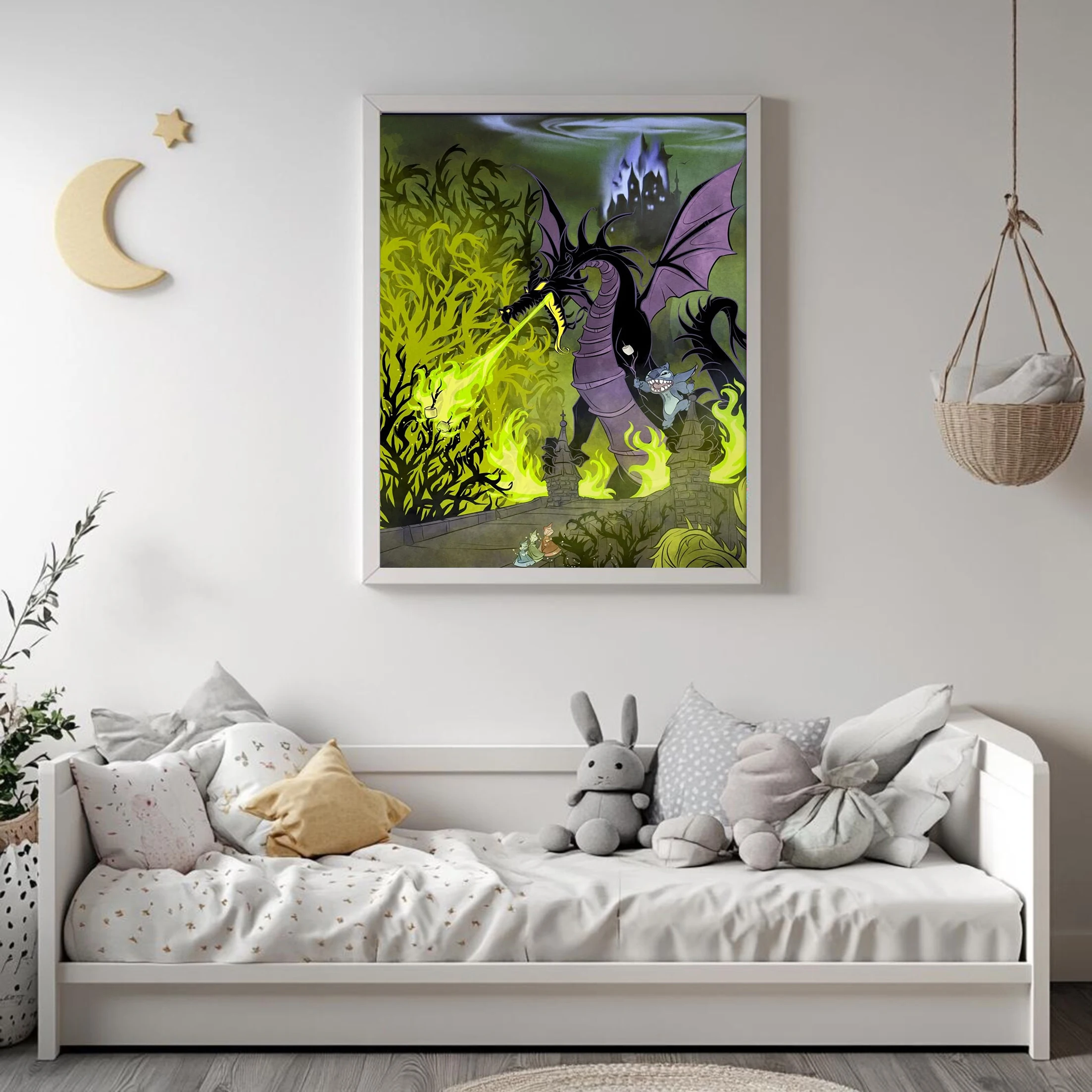 ملصق قماشي متقاطع من Sleeping Beauty and Lilo & Stitch، طباعة فنية تتميز بالغرز والتنين، هدية فنية لمحبي ديزني، ديكور منزلي #4