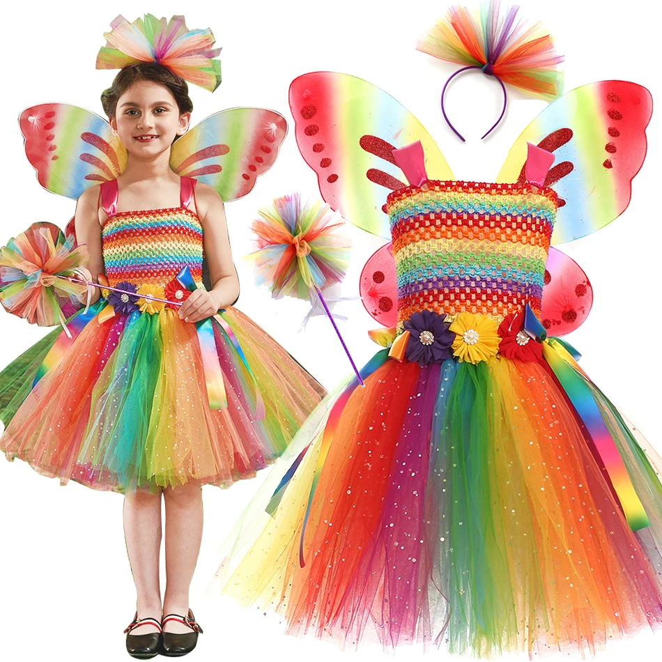 Girls Rainbow Candy Tutu With Wings Halloween Party Handmade Princess Costume Kid Stage Performance Outfits Carnival Fancy Dress