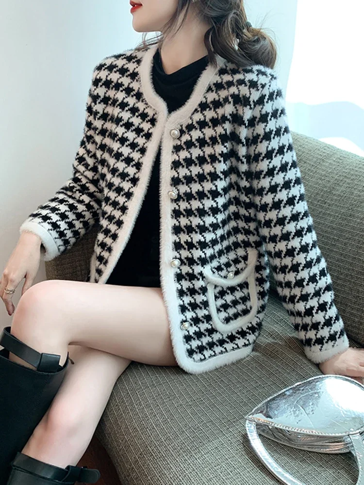 Chic Vintage Houndstooth Knitted Cardigans for Women O Neck Long Sleeve Female Cardigan Sweaters Autumn Winter Casual Knitwear