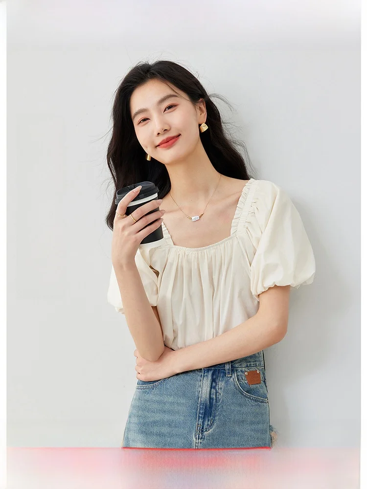 

Chic Pale Peach Bubble Sleeve Shirt Women's Casual Style Cotton Short Sleeve Top Slimming Design Summer Fashion 2026
