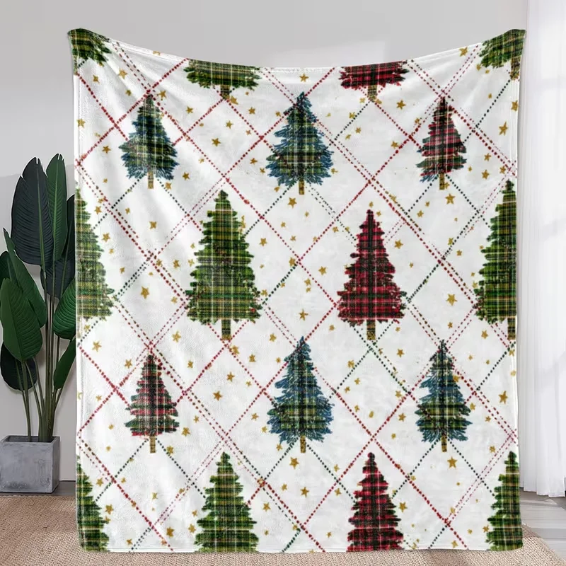 Plaid Christmas Tree Throw Blanket White Base Gold Star Soft Warm Blanket For Couch Bed Xmas Holiday Home Decor
