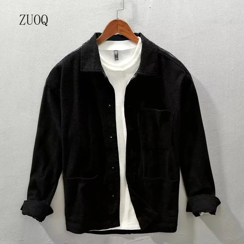 

New 2025 Spring/Autumn Corduroy Shirts Men Vintage Japanese Style Long Sleeve Solid Casual Waffle Pattern Shirt Jacket Man