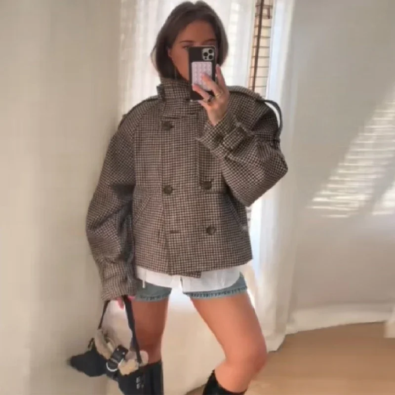 Tornova الشارع الشهير منقوشة طباعة سترة معطف المرأة الوقوف طوق كم طويل جيب الربط موضة الخريف الشتاء معطف الإناث #5