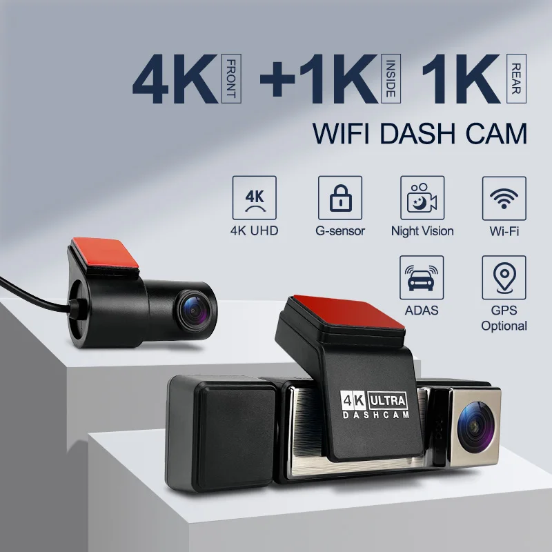 3.2'' IPS Screen 4K+1K+1K  3 Channel Dash Cam Front and Rear Inside ADAS Built-in WiFi Dashcam with G-Sensor car accessories