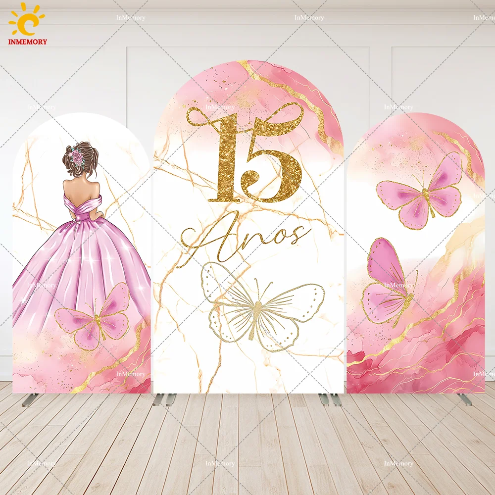 

Pink Marble Butterfly 15th Birthday Arched Backdrop Cover Quinceanera Dress 16th Party Chiara Arched Wall Banner Doublesided