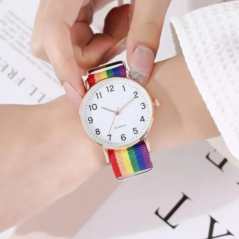 Rainbow Canvas Strap Watch Rainbow Color Big Dial Digital Pointer Wristwatches Classic Quartz Casual Student Watches reloj mujer