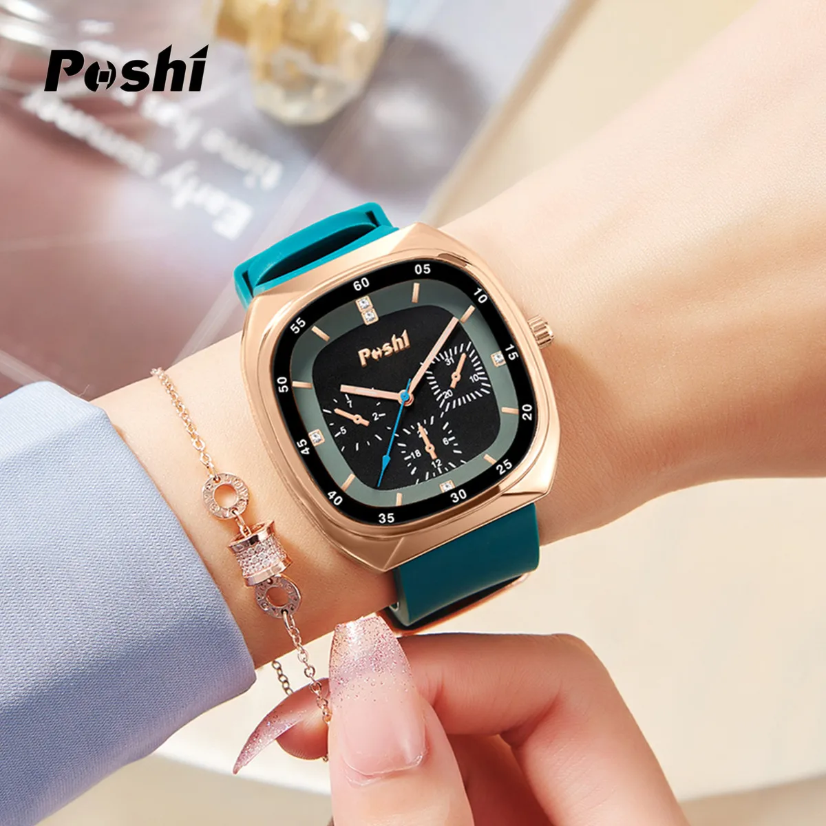 POSHI Fashion Watch for Women Square Quartz Wrist Watches Soft Silicone Strap Green Color Casual Ladies Bracelet Gift