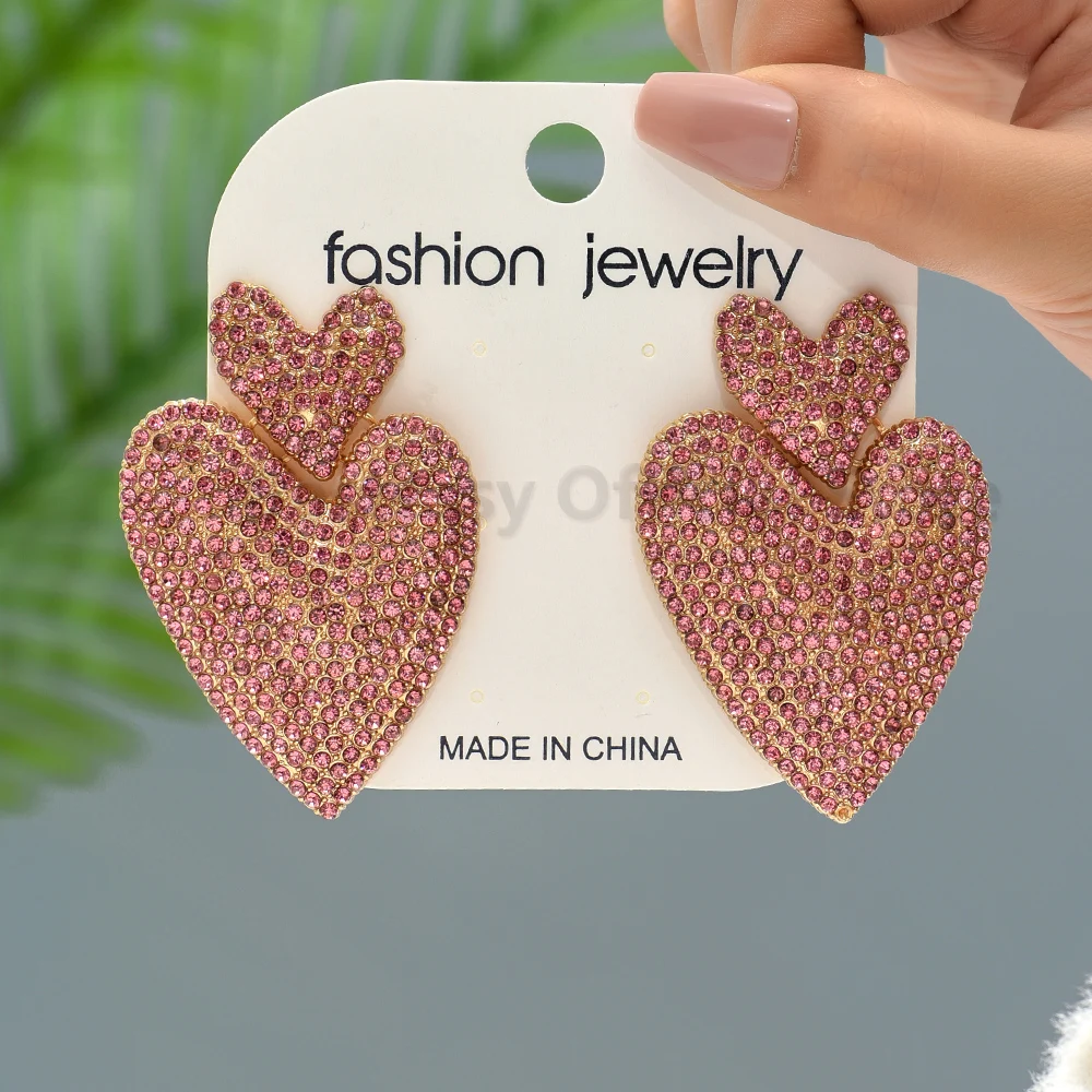Gorgeous Crystal Double Heart Design Dangle Earrings For Women Luxury Elegant Romantic Jewelry Valentine Ear Accessories Gifts