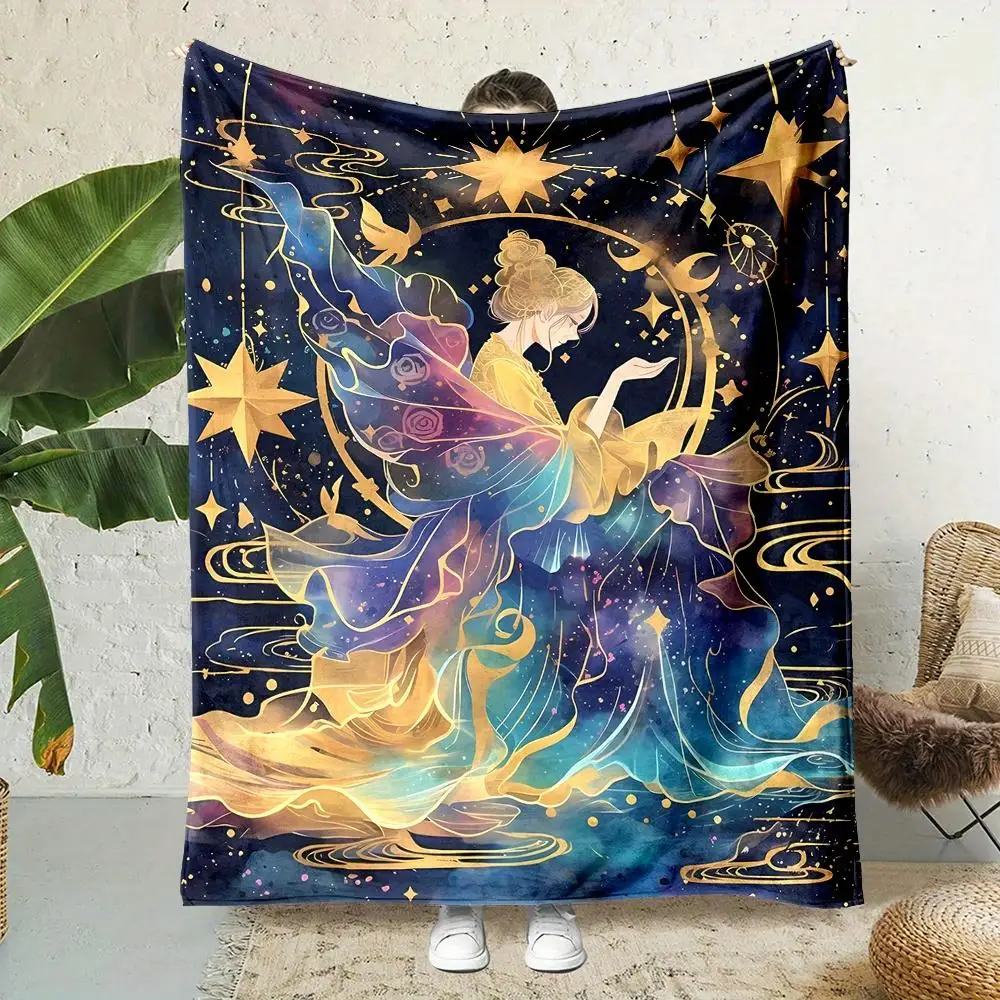 Reversible Starry Night Celestial Blanket  All-Season Soft Flannel & Non- Throw, Golden & Blue Moon Phases with Mermaid