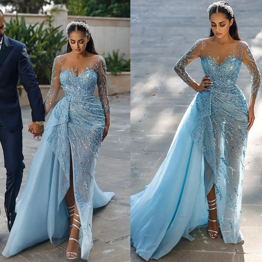 

Luxurious Sexy Evening Dresses Full Sleeve Side Train Mermaid Dress New Designed Sky Blue High Neck Formal Party Gowns