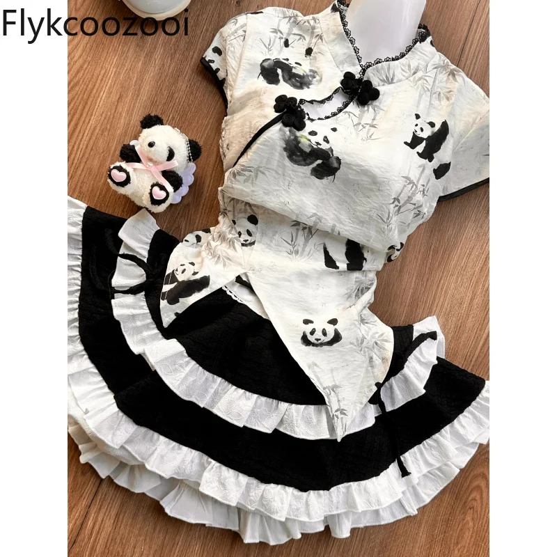 Chinese Panda Print Top Set, cintura alta, emagrecimento saia inchado, empregada em forma de bolo avental, menina bonito, novo