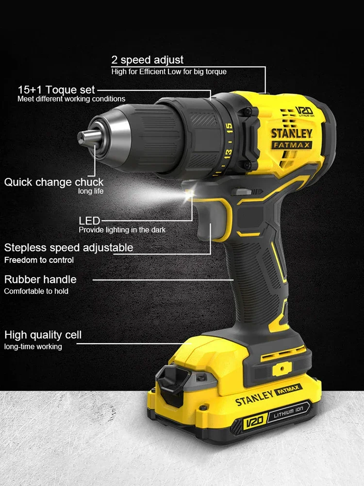 Stanley Cordless Drill Brushless Motor Rubber Hand SBD710 Max Torque 60Nm High Speed 1900rpm PowerShare 20v Battery Platform