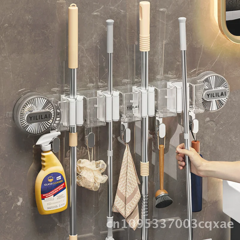 

Powerful Suction Cup Mop Holder Clip Punch-free Toilet Mop Clip with Hook Traceless Bathroom Storage Rack Modern Minimalist PP