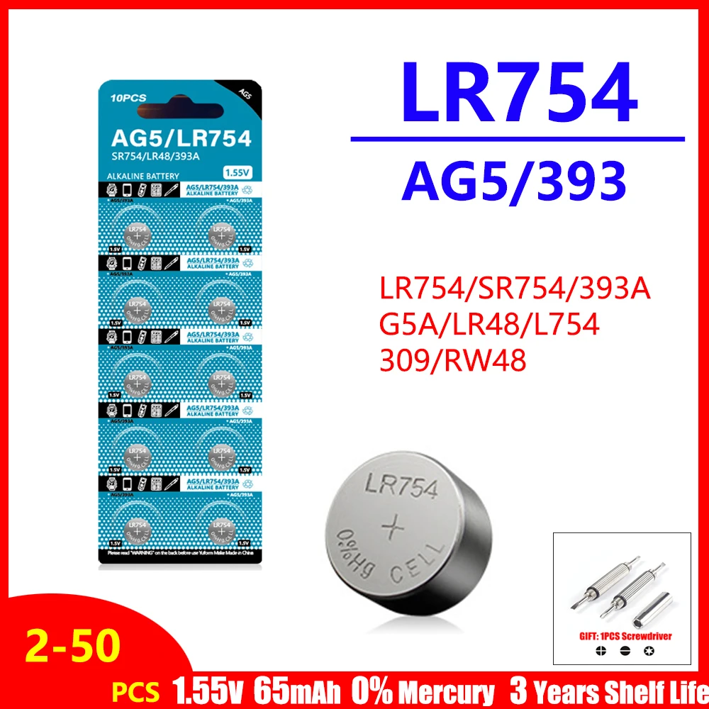 بطاريات قلوية للسمع ، ساعة ، الكترونية ، العاب عن بعد ، ساعة ، AG5 ، LR754 ، 393 ، SR754 ، 193 ، 546 ، RW28 ، 939A ، LR48 ، D309 ، 2-50 قطعة