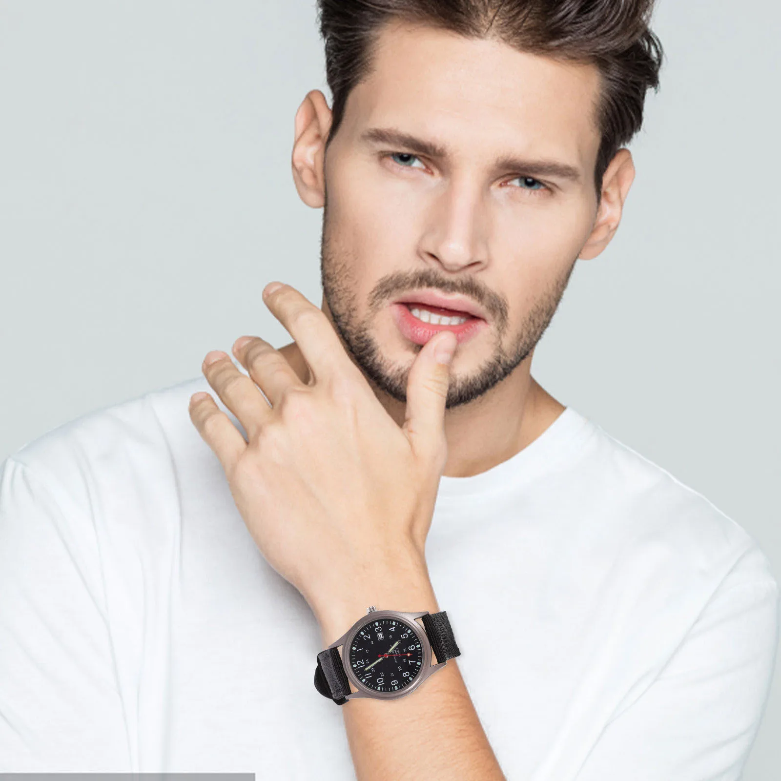 

1pc Military Luminous Green Men Quartz Watch Calendar Dial Canvas Band Durable Male Wristwatch Lightweight Outdoor Timepiece