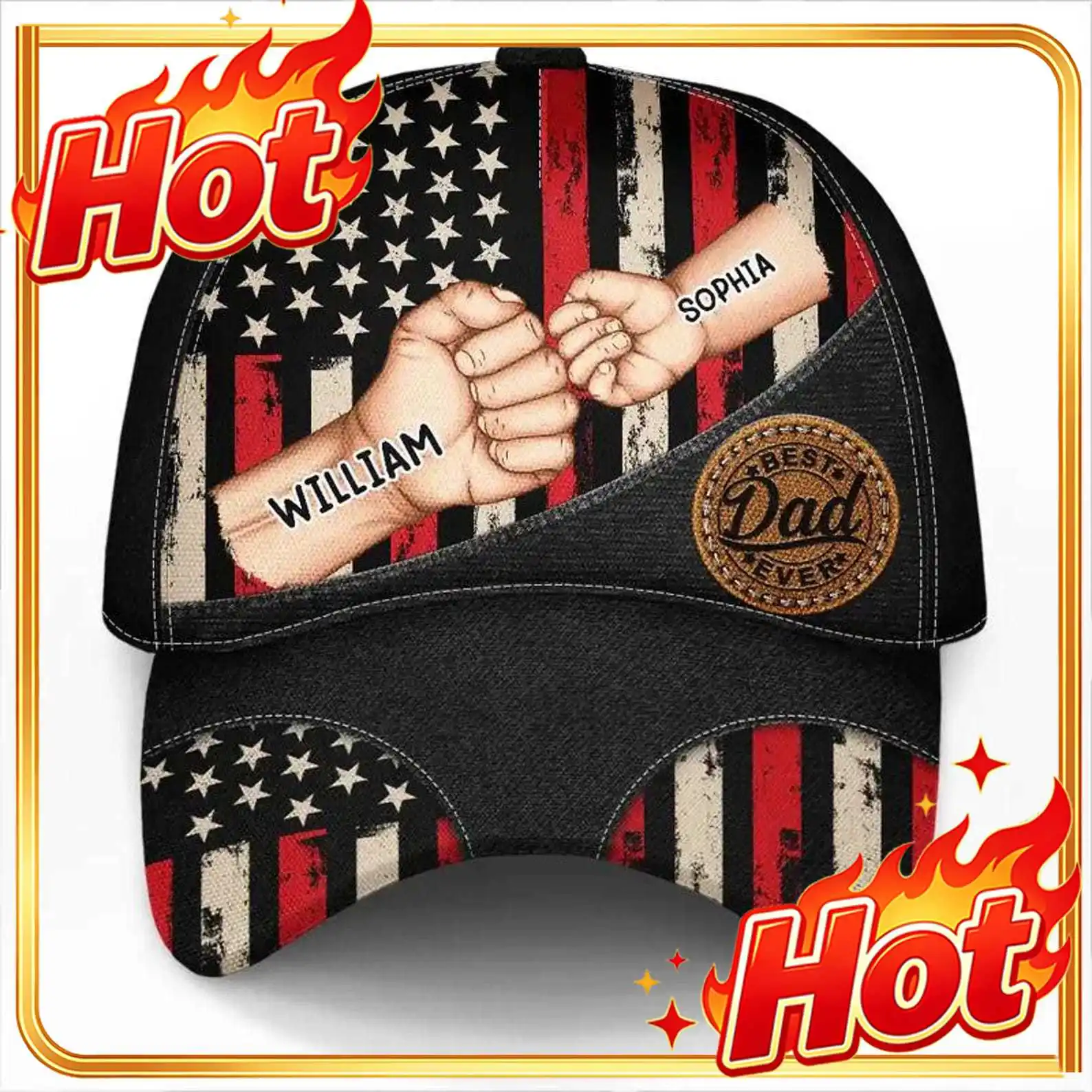 Custom Personalized Best Dad Ever Cap, Custom Name Patriotic Hat, American Flag Fist Bump Gift For Dad From Kids Father’s Day