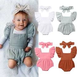 Summer Newborn Infant Baby Girls Romper Bodysuits+Headband Outfits Muslin Sleeveless Rompers Kids Onepiece Fashion Baby Clothing