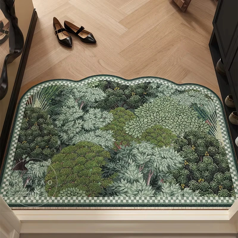 Nature Forest Theme Welcome Mat, Green Leaf Entrance Floor Carpet, Durable PVC Looped Wire Doormat, Dirt Resistant Front Door Ma