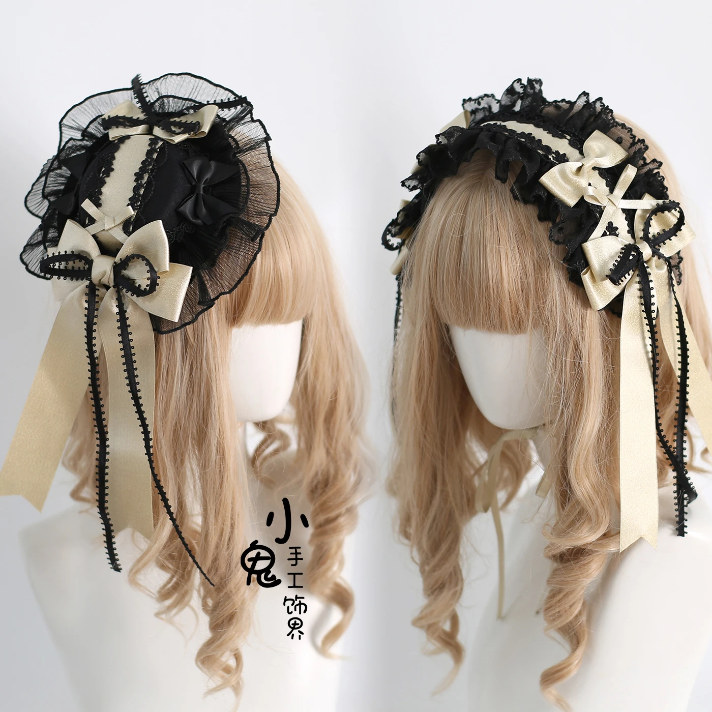 

Оригинальная великолепная шелковая атласная балетная шляпа черного золота в стиле Лолиты, повязка на голову, заколки для волос, цилиндр, повязка на голову Kc Dream Bow, маленькие шляпы