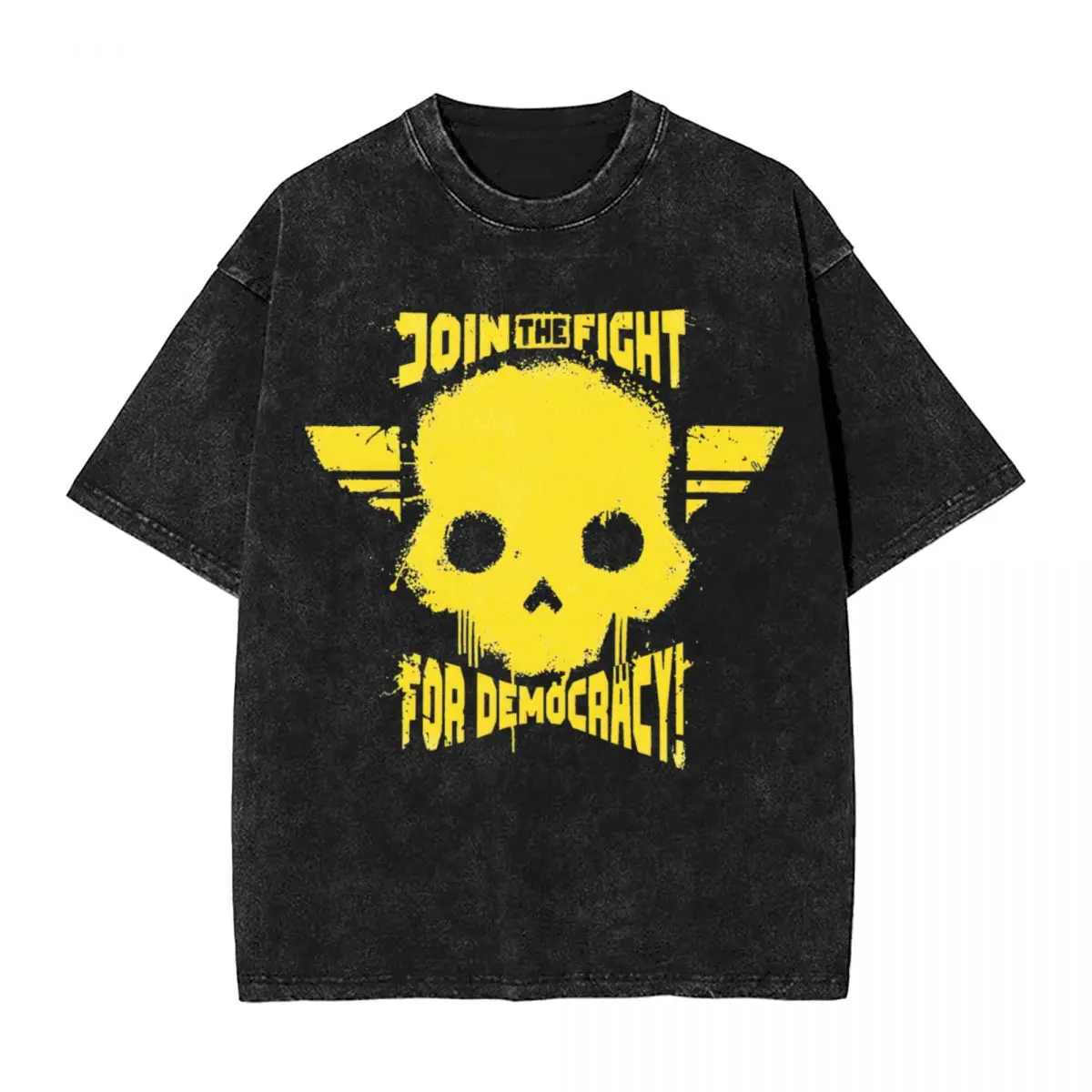 Helldivers 2 Democracy Fight Skull T Shirt Washed Cotton Harajuku T-Shirts Novelty for Men Women Tops Streetwear Printed Tees