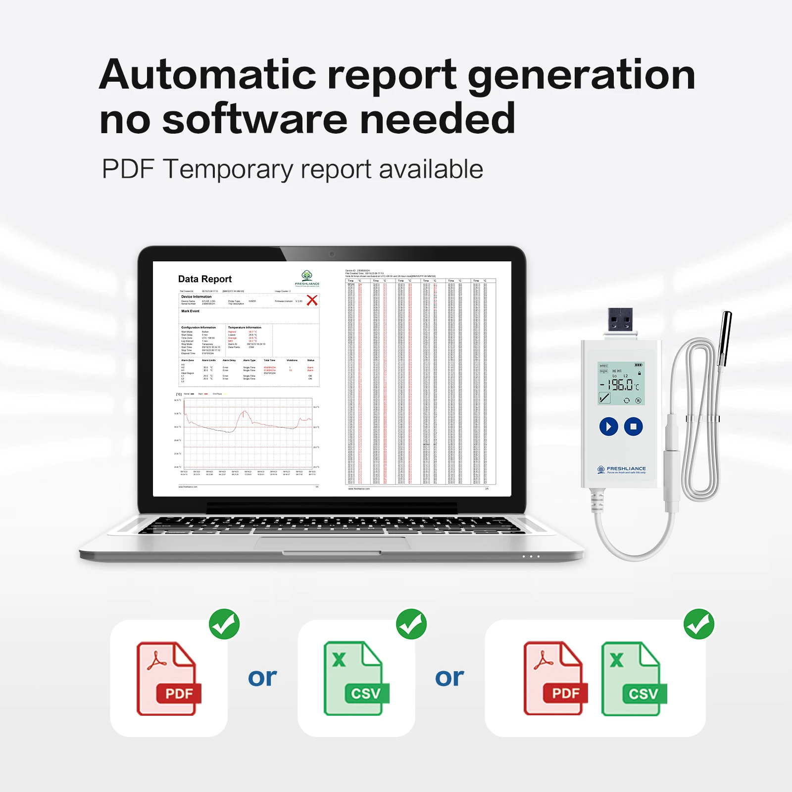 Atlas Log-200 Sensor de temperatura externa de alta precisão USB Registrador de dados de temperatura ultra baixa