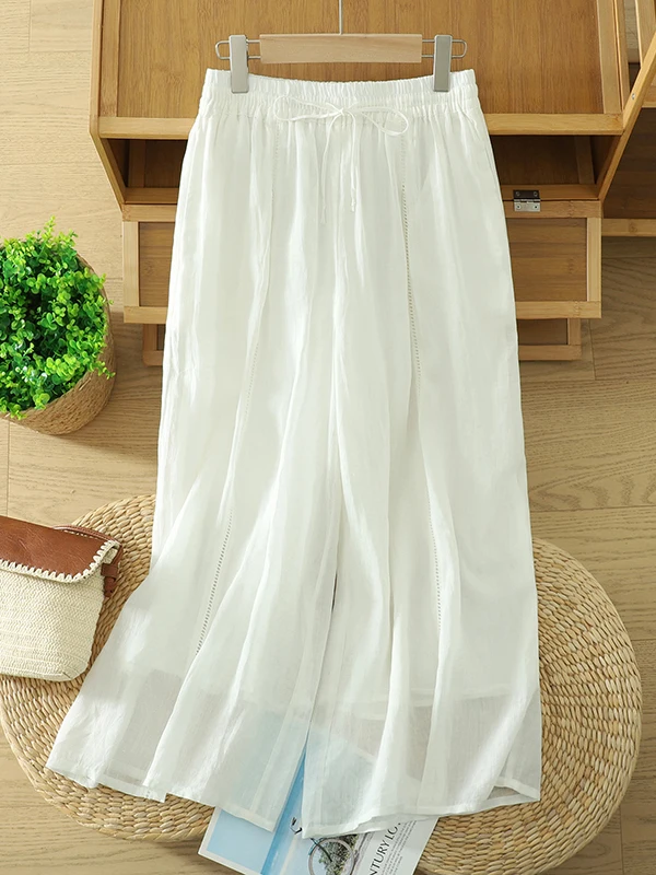 Calças Fenas de Linho com Renda Vazada, Perna Larga, Soltas, Retas, Casuais, de Cintura Alta, Estilo Comutador Longo para...