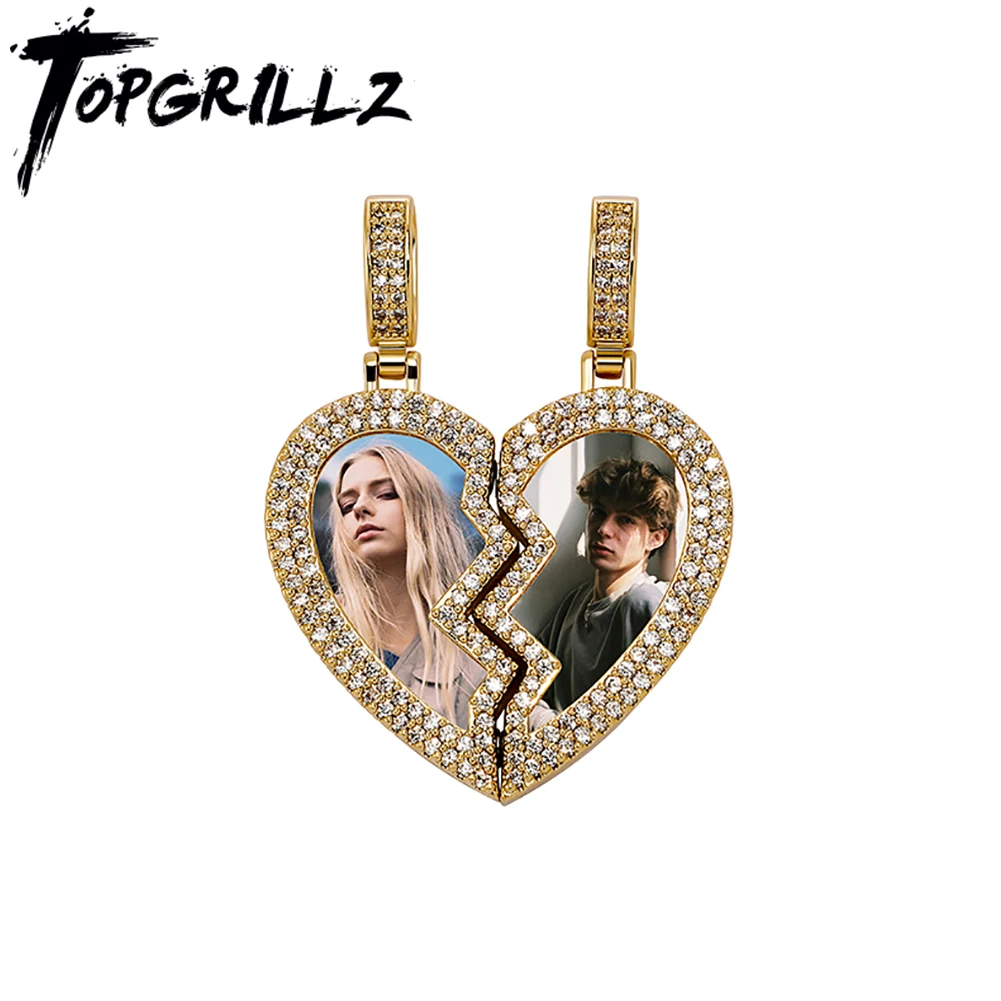 

TOPGRILLZ 2022 New Couple Custom Photo Pendant Micro Pave CZ Heart Broken with Magnetic Necklace Hip Hop Personalized Jewelry