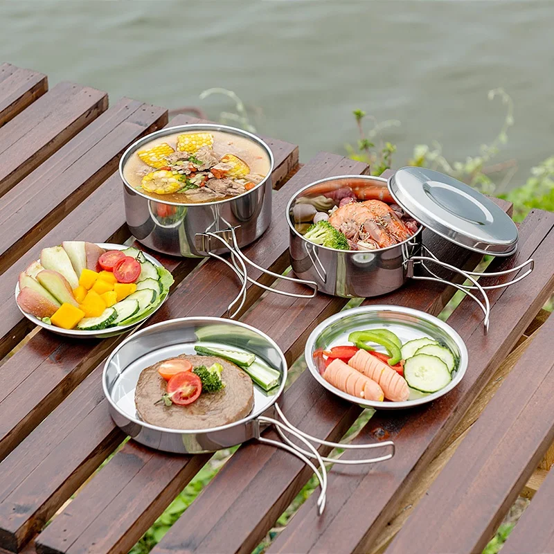 8 Pcs Portable Collapsible Folding Cookware Set Stainless Steel Outdoor Camping Hiking Cooking Pot Picnic Utensils Metal Travel