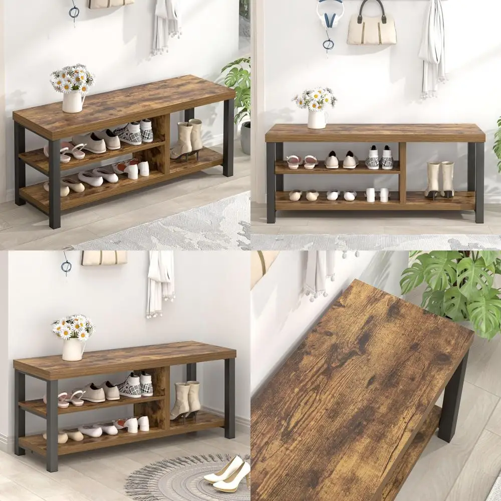 Modern Rustic Brown Wood Shoe Storage Bench, 43.3 for Entryway & Living Room