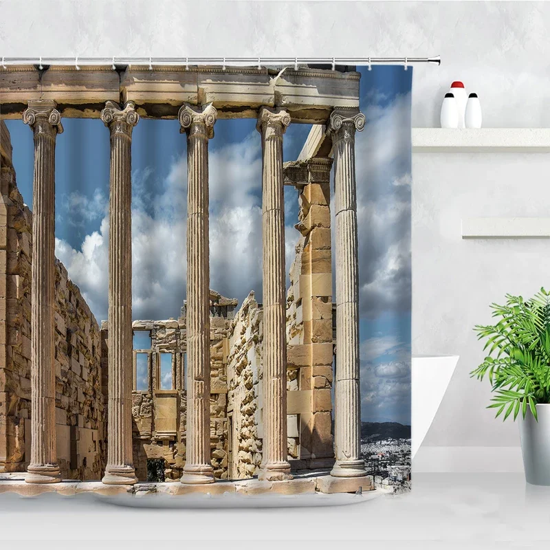 Medieval European Retro City Shower Curtain Stone Old Building Red Door Antique Home Bathroom Decor Waterproof Cloth Curtains