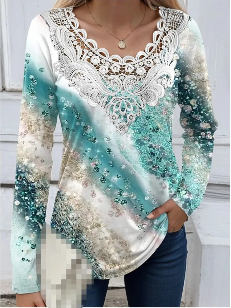 

2024 New Spring Autumn Women's Fashion Printed Multi Color T-shirt Splicing Lace Casual Round Neck Long Sleeve Hoodie