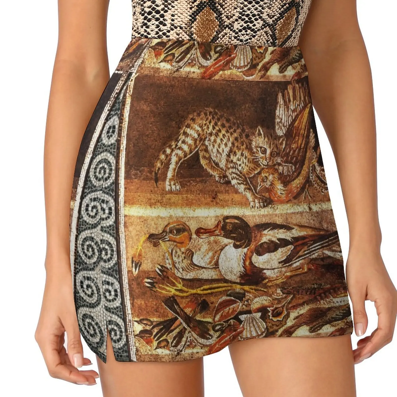 

POMPEII ANIMALS COLLECTION, ANTIQUE ROMAN MOSAICS ,WILD CAT WITH QUAIL,BIRDS,DUCKS AND FISHES Mini Skirt Women clothing