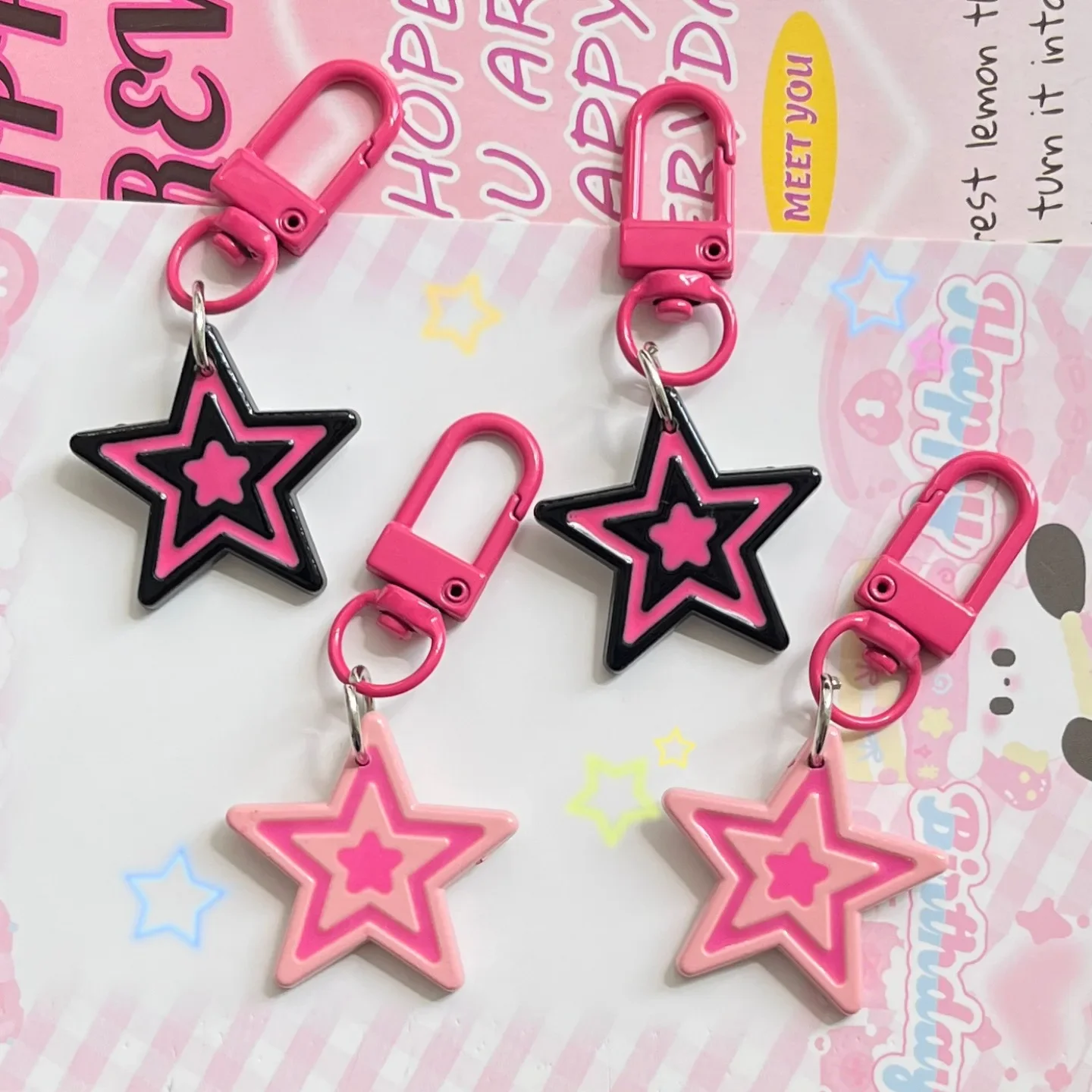 Y2k Star Key Chains Rose Pink Color Girls Punk Keychain Bag Car Ornaments Pendant Cartoon Versatile Key Ring Bag Pendant Gift