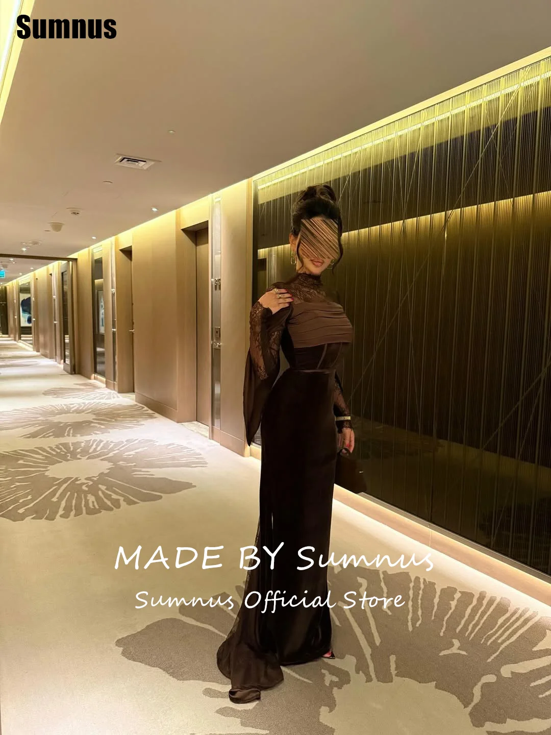 Sumnus الساحرة حورية البحر براون فساتين السهرة الدانتيل الطيات عالية الرقبة الطابق طول مساء اللباس Fساتين Shret مخصص