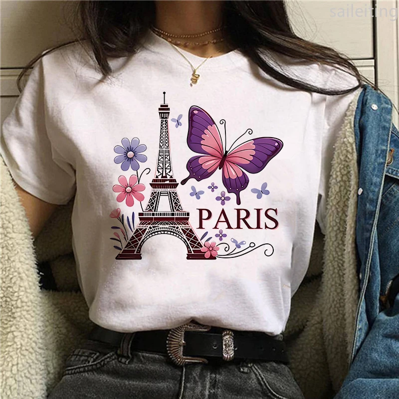 

90s Color Flower Butterfly Paris Design Print T-shirt Short Sleeve Harajuku Sleeve Women's Clothing Street Aesthetic Clothes