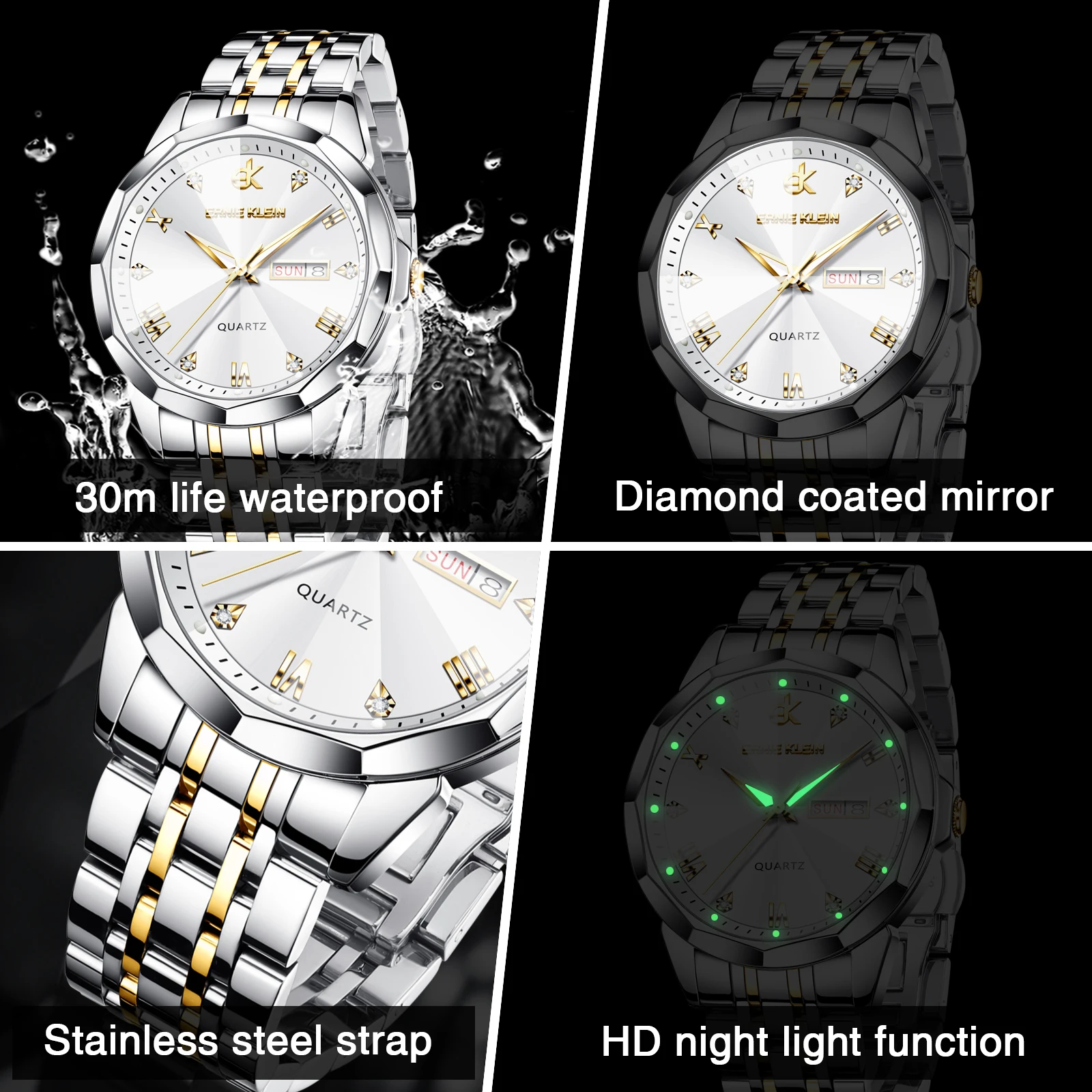 ERNIE KLEIN Men\'s Watches Business Fashion Rhombus Mirror Original Quartz Watch for Man Waterproof Stainless Steel Luminous Date