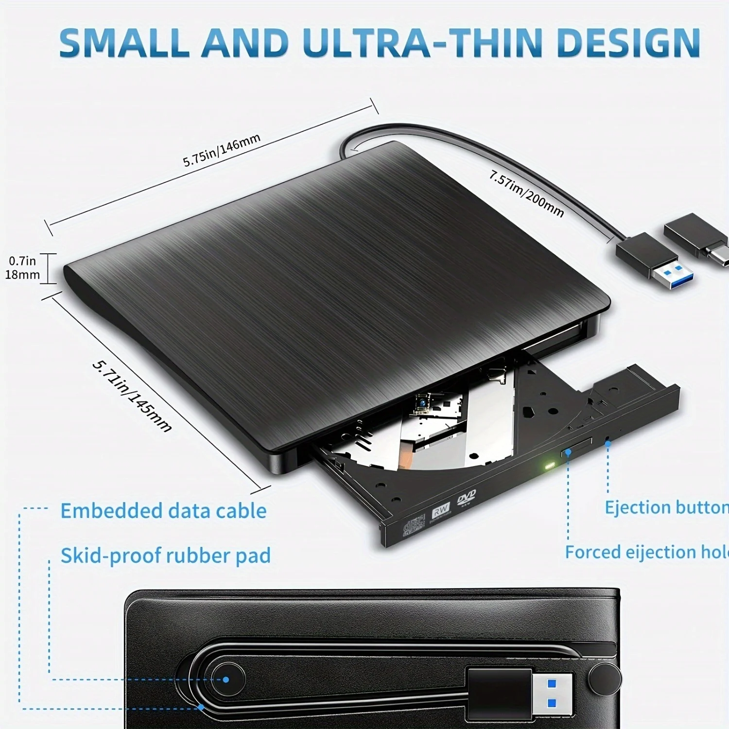 3.0 USB 외장 DVD 드라이브 - 노트북, Windows, Linux용 휴대용 CD/DVD +/-RW 버너 리더 - 완벽한 플러그 앤 플레이