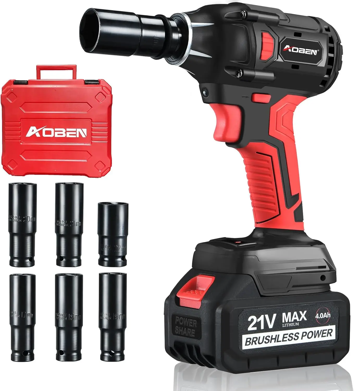 

21V Cordless Impact Wrench, 400N.m Max Torque, 3000rpm Speed, 4.0Ah Li-ion Battery, 6Pcs Driver Sockets, Fast Charger, Tool Bag