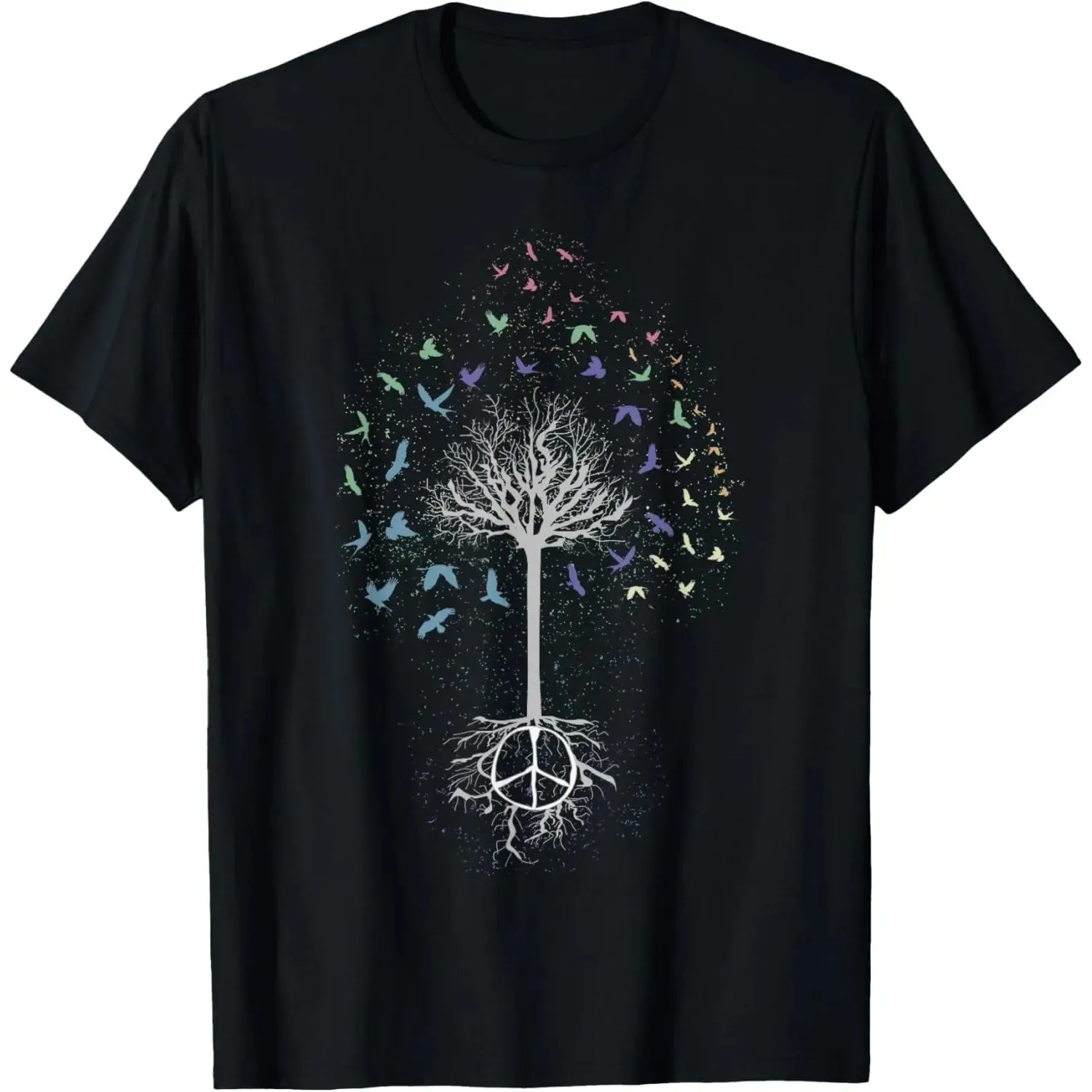 Peace Sign Tree of Life Graphic Tee Birds Roots Unisex Cotton Short Sleeve T-Shirt