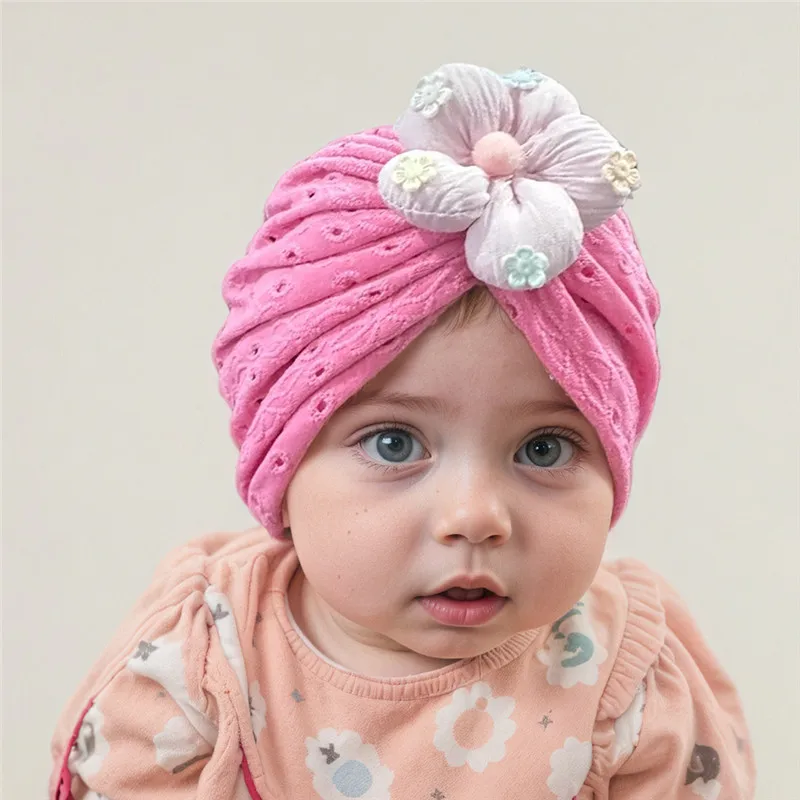 

Baby Big Flower Turban Hats Solid Color Bonnet for Girls Newborn Beanies Headwraps